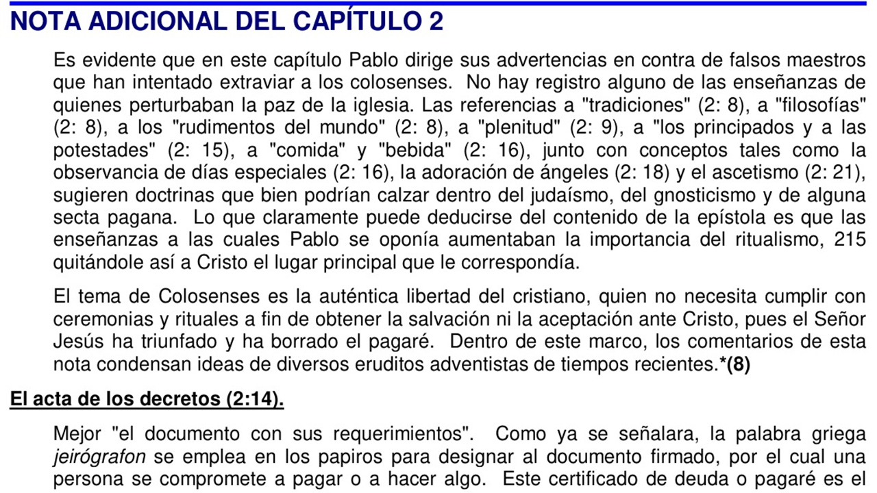 Nota adicional al capítulo 2 de Colosenses, del Comentario Bíblico Adventista en Español